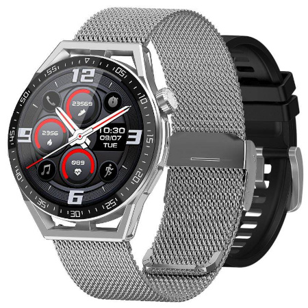 SmartWatch Rubicon RNCE88 srebrna koperta, czarny silikonowy pasek, srebrna bransoleta BT Call
